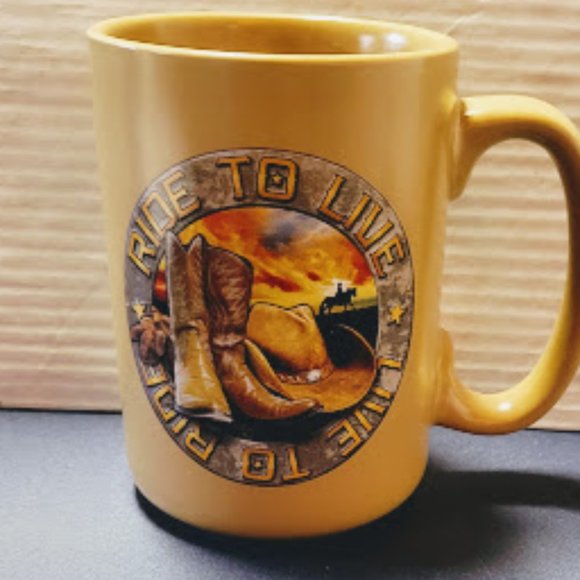 Vintage Tan Cowboy Western Coffee Mug "Live to Ride" with Boots and Saddle - Picture 1 of 4